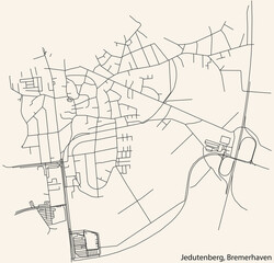 Detailed navigation black lines urban street roads map of the JEDUTENBERG QUARTER of the German regional capital city of Bremerhaven, Germany on vintage beige background
