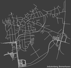 Detailed negative navigation white lines urban street roads map of the JEDUTENBERG QUARTER of the German regional capital city of Bremerhaven, Germany on dark gray background