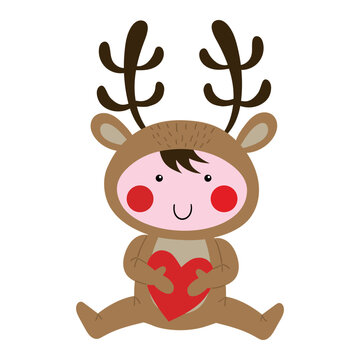 Baby dressed as a Rudolph catching a heart , Christmas illustration