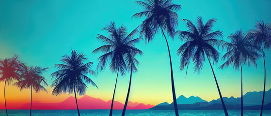 illustration beach palm trees sea waves beautiful sunset sky - obrazy, fototapety, plakaty