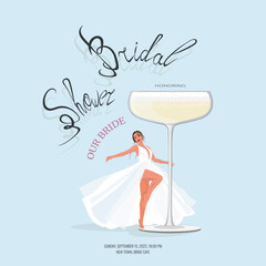 Bridal shower honoring bride. Woman with a glass of champagne. Invitation