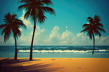 illustration Beach palms sea waves beautiful sky.