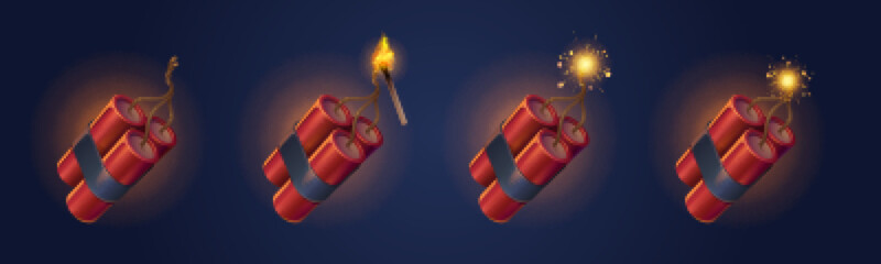Dynamite sticks with burning fuse and match. Explosive military or mining tnt weapon or firecrackers with sparkling wick. Dangerous equipment with detonator for destroying Realistic 3d vector set - obrazy, fototapety, plakaty