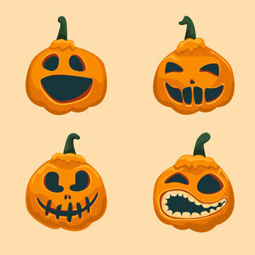Halloween pumpkin set. Happy Halloween collection pumpkins. Pumpkins isolated. Collection orange pumpkins with scary cute spooky smile. Halloween. Vector illustration