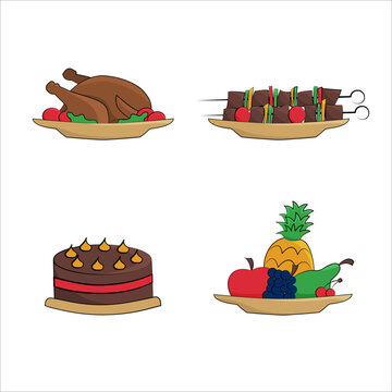 Set of food icons. Vector pictures of fruit, cake and meat. Shish kebab and grilled chicken.