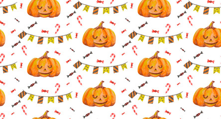 Seamless pattern in a watercolor style on the theme of Halloween. Festive flags, Halloween pumpkin and candy