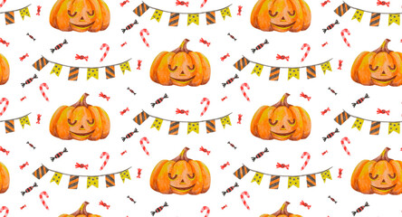 Seamless pattern in a watercolor style on the theme of Halloween. Festive flags, Halloween pumpkin and candy