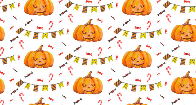 Seamless pattern in a watercolor style on the theme of Halloween. Festive flags, Halloween pumpkin and candy