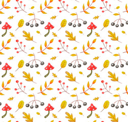 Seamless pattern with autumn leaves and berries. Watercolor pattern on the theme of autumn