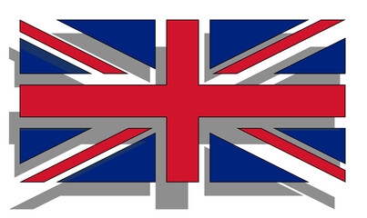 United Kingdom flag with large format for 3d graphic effect, with elements creating shadows on the white background. With a play of the geometries and colors of the union jack.