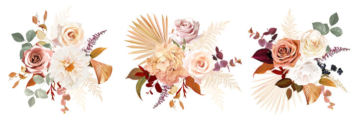Rust orange, beige, white rose, burgundy anthurium flower, pampas grass, fern, dried palm leaves vector design bouquets
