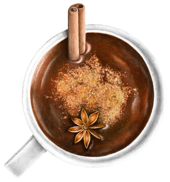 Transparent Background Top View Hot Chocolate Cup Illustration Png. Transparent Hand Drawn Hot Cocoa Mug With Cinnamon And Anise Clipart Ready-to-use For Site, Article, Print