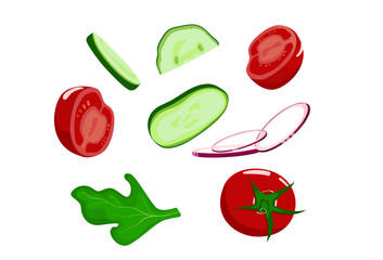 A set of useful vegetables. Chopped vegetables, slices, onions, onion slices. Isolated on white background. Half a tomato. Vector illustration