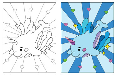kawaii narwhal coloring page - obrazy, fototapety, plakaty