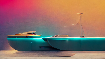 Abstract architectural concrete smooth interior of a minimalist yacht with color gradient neon lighting. 3D illustration and rendering, smart yacht ,2050