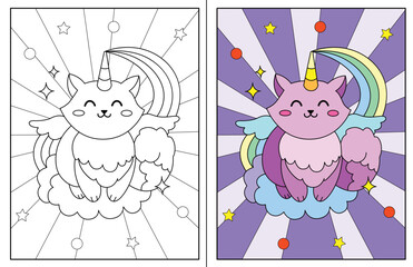 Kawaii caticorn coloring page