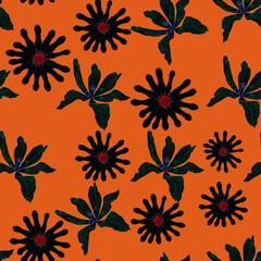 Halloween festive seamless pattern, black ghost blots lily flowers on orange, unusual background, original horror texture