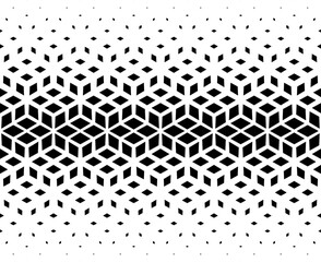 Geometric pattern of black figures on a white background.Seamless in one direction.