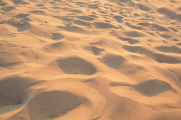 Top view of sandy beach. Background with copy space and visible sand texture.