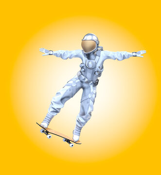 Astronaut balancing on a skateboard, light yellow background. 3d illustration