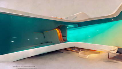 Obraz premium Abstract architectural concrete smooth interior of a minimalist yacht with color gradient neon lighting. 3D illustration and rendering, smart yacht ,2050