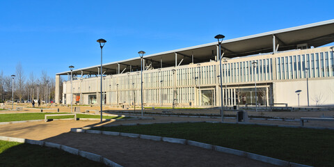 View of Modern buildings on the Campus of public University of Talca, Chile during sunny spring afternoon