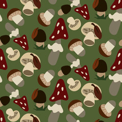 A pattern with mushrooms on a green background. Children's illustration. Funny mushrooms in the scatter. Suitable for printing on paper and textiles. Book, kitchen illustration.
