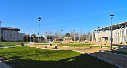 View of Modern buildings on the Campus of public University of Talca, Chile during sunny spring afternoon