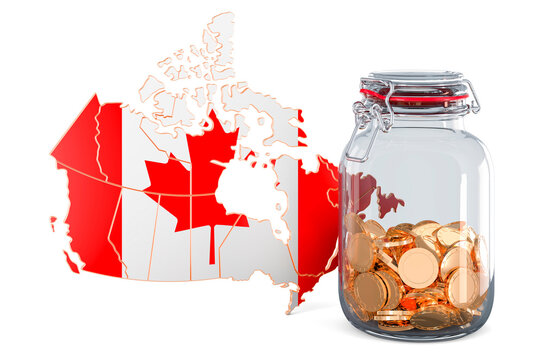 Canadian Map With Glass Jar Full Of Golden Coins, 3D Rendering