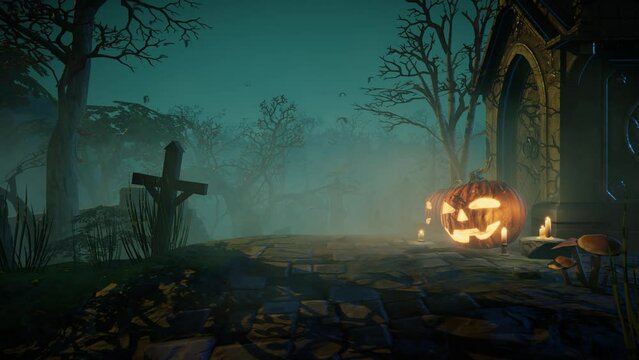 Halloween pumpkin head Jack lantern on the graveyard