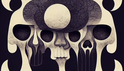Digital art of abstract skulls.
