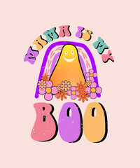 mama is my boo with rainbow and boo groovy flower illustration