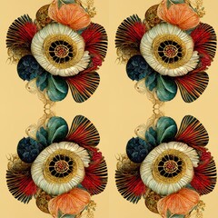 Naklejka premium Tribal Pattern, Ornamental Wallpaper, Embroidery, Fantasy Home Decoration, Bohemian Style Ornaments, Botanical Illustrations, Handcrafts, Textiles, Interior and Exterior Surface, Ceramics Tiles