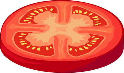 A slice of a red tomato with seeds and veins