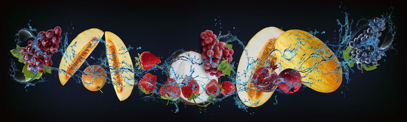 Panorama with fruits in water - juicy grapes, melon, pomegranate, strawberries, coconut, pear...