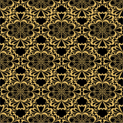 seamless graphic abstract tile pattern, golden geometric ornament on black background, texture, design