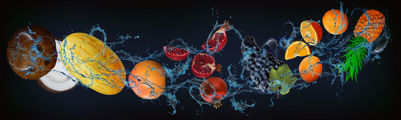 Panorama with fruits in water - juicy pineapple, orange, grapes, pomegranate, grapefruit, melon,...
