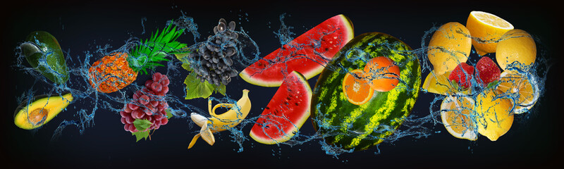 Panorama with fruits in water - lemon, strawberry, watermelon, banana, orange, grapes, pineapple,...