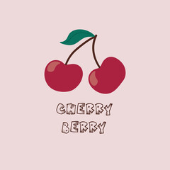 Cute cherry sisters characters illustration. Red and Pink colour. Perfect for baby girl fabric, textile, apparel, pyjamas, t-shirt print design. Cute double cherry characters. Quote Cherry Berry.