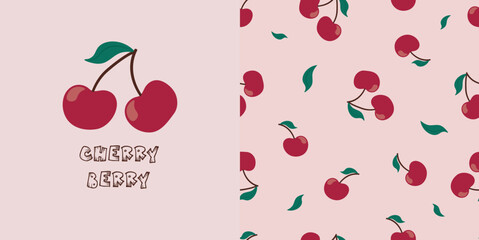 Set of Simple seamless red cherry pattern on light pink background and Cute double cherry sisters illustration. Quote Cherry Berry. Good for wrapping paper, textile fabric print vector illustration.
