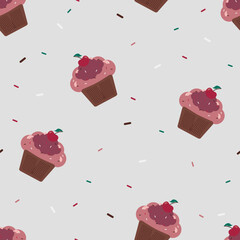 Seamless vector pattern with different cupcakes on a light background. Sweet pastries decorated with cherries, dressing and icing. Party, birthday, greeting cards, gift wrapping paper, stationery.