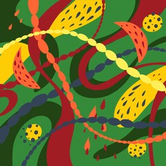 Creative doodle art header with different shapes and textures in green, yellow, red, orange, purple, navy colors. Abstract multicolored hand-drawn art background with curved stripes and oval shapes.