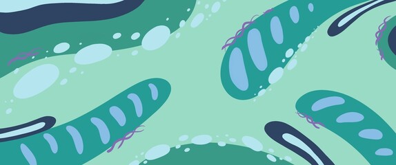 Creative doodle header with different shapes and textures green, turquoise, blue, purple, navy. Abstract hand-drawn art with curved stripes oval shapes. Stylish texture with smooth irregular elements.