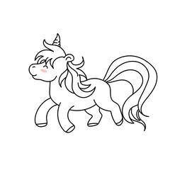 vector illustration cute funny character cartoon pony unicorn drawn with lines. Sketch illustration on the white background