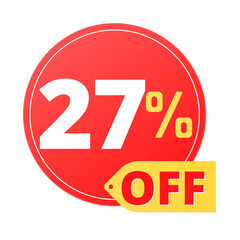 27% off limited special offer. Discount banner in red and yellow circular balloon, super discount. Twenty-seven