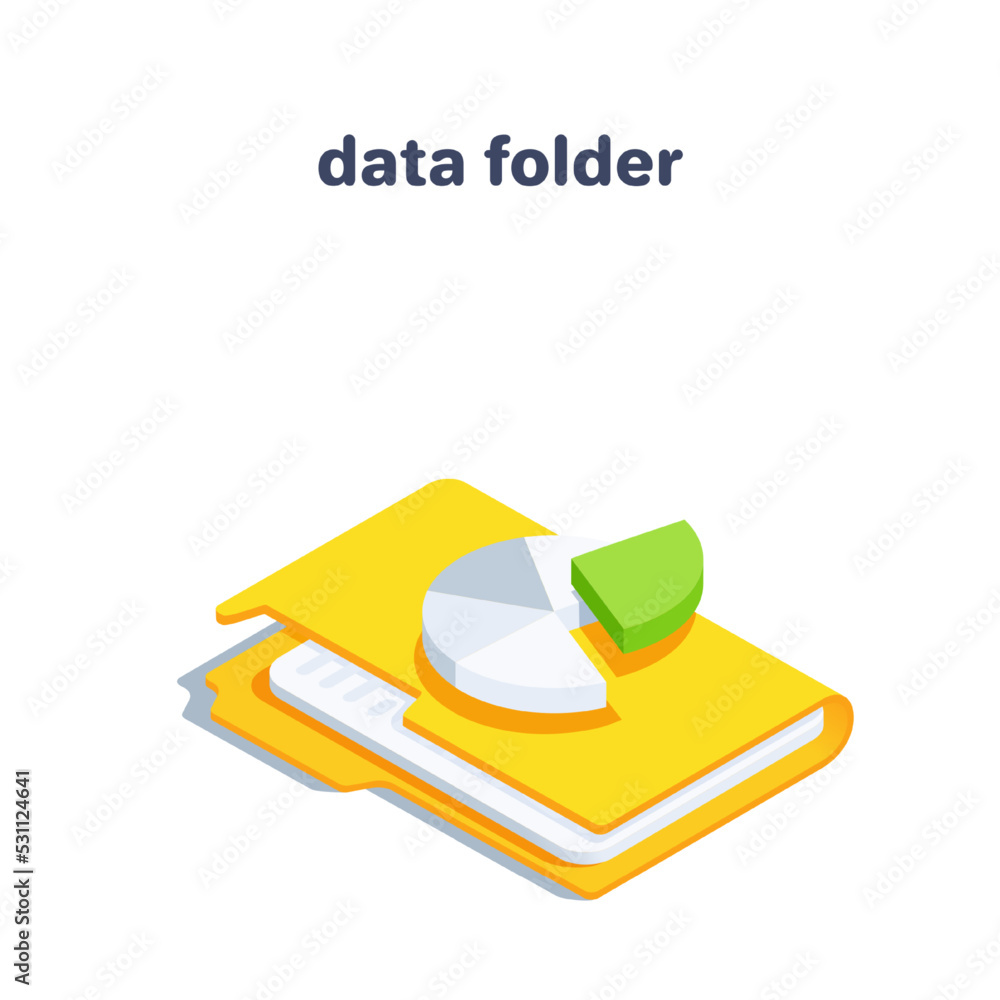 Poster isometric vector illustration on white background, data folder icon and pie chart, data storage and 
