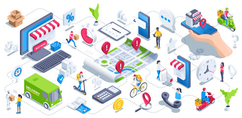 isometric vector illustration on a white background, a set of icons and sketches on the topic of ordering and delivering goods, a map with locations and delivery service workers on different vehicles