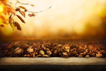 An autumn golden sunset background of tree leaves and trees in the fall with a wooden nemch, table,...