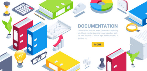 isometric vector illustration on a white background, landing page with objects and icons on the topic of working with documents and financial data, documentation and stationery