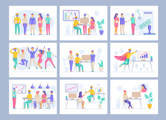 Fototapeta premium flat vector illustration on a white background, a set of pictures on the topic of teamwork, characters in business clothes in the office